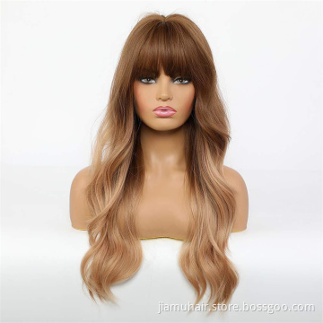 Long Brown Ombre Synthetic Wigs Water Wave Women's Wigs with Bangs Heat Resistant African American Hair